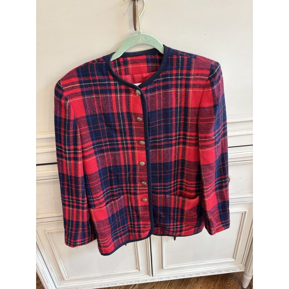 Vintage Liz Claiborne Red Blue Checker Plaid Blazer Gold Button Detail Sz 4 Wool